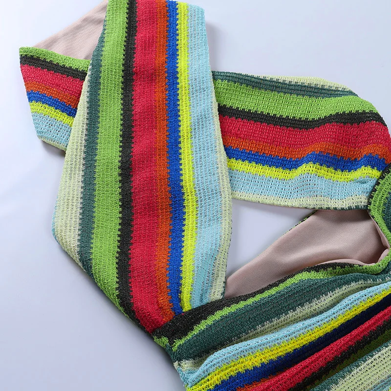 

Viifaa Criss-Cross Halter Sexy Women Multicolor Striped Knitted Dress Backless Club Bodycon Drawstring Ruched Beach Dresses