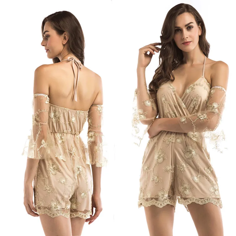 Летний женский комбинезон размера плюс с тяжелой вышивкой фатиновым v образным