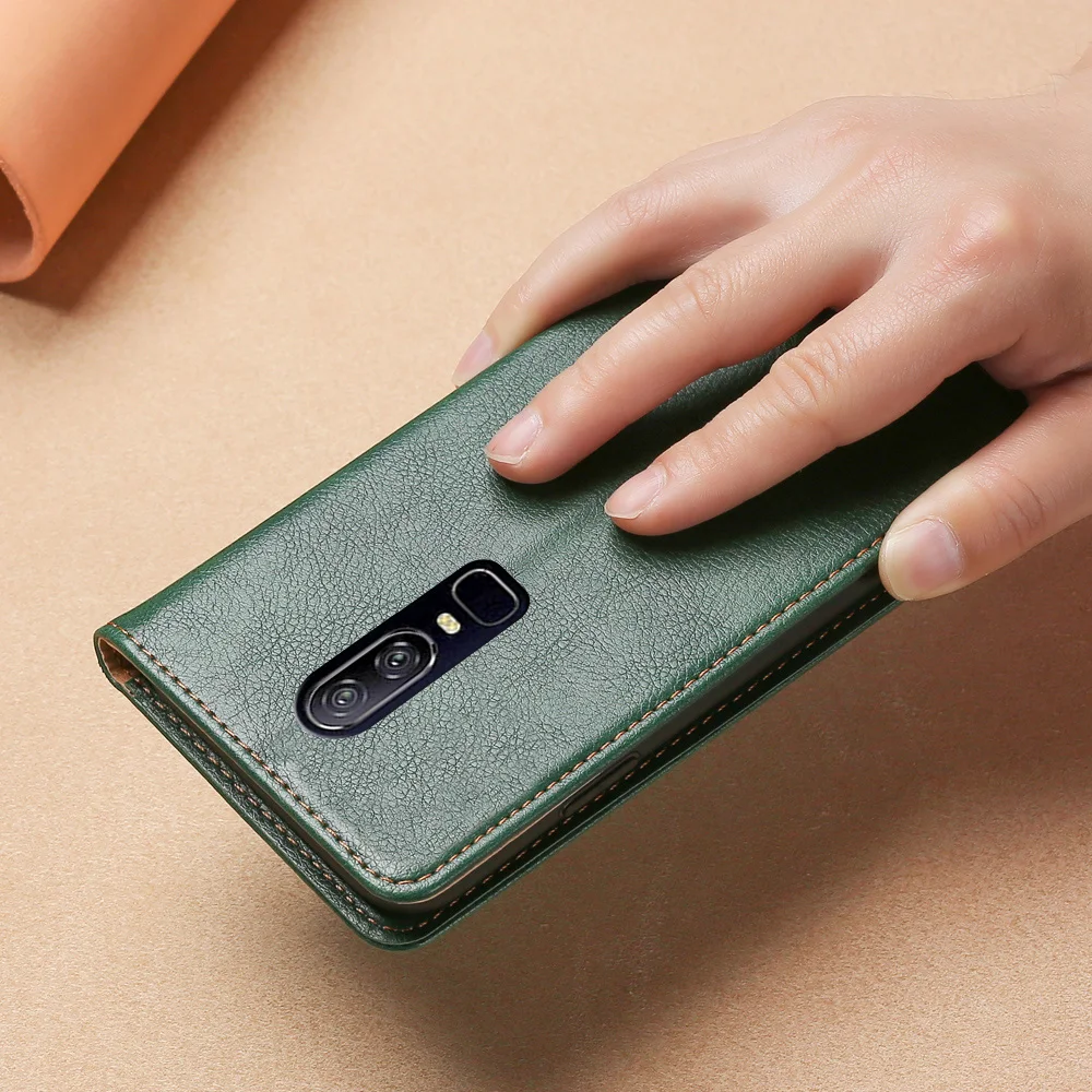 Кожаный чехол для Oneplus 6 с магнитной застежкой и подставкой отделением карт