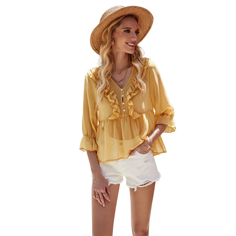 

Summer Women European and American Wavy Pleated LooseT-Shirts