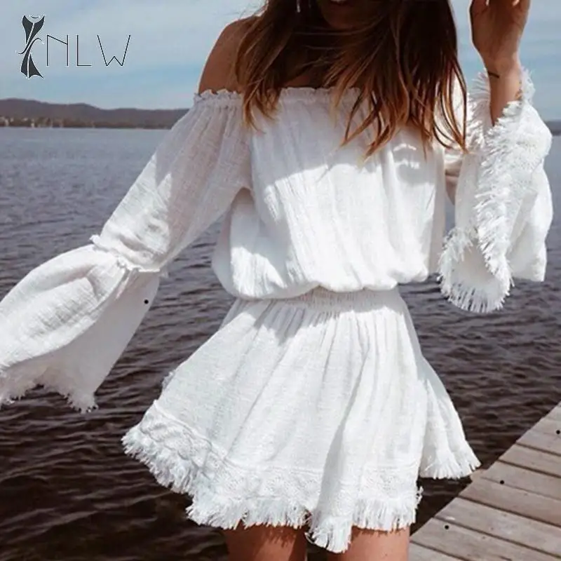 NLW белое кружевное платье с открытыми плечами 2019 женское осенне зимнее короткое