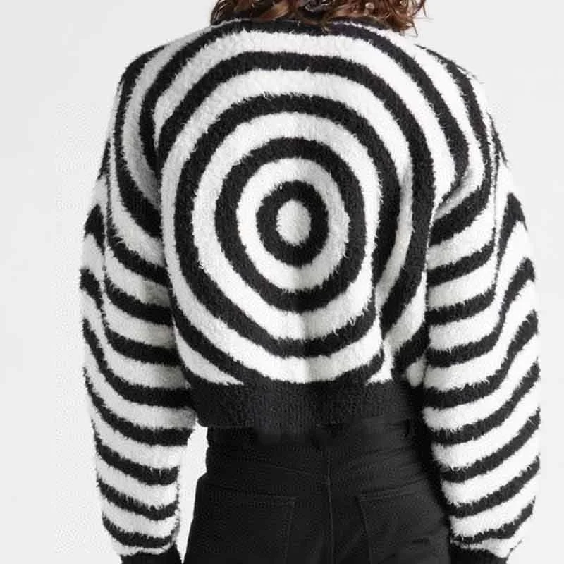 値段 女性用ニットセーター,柔らかな黒と白のストライプのスパイラルウール,短いセーター,秋のファッション2021