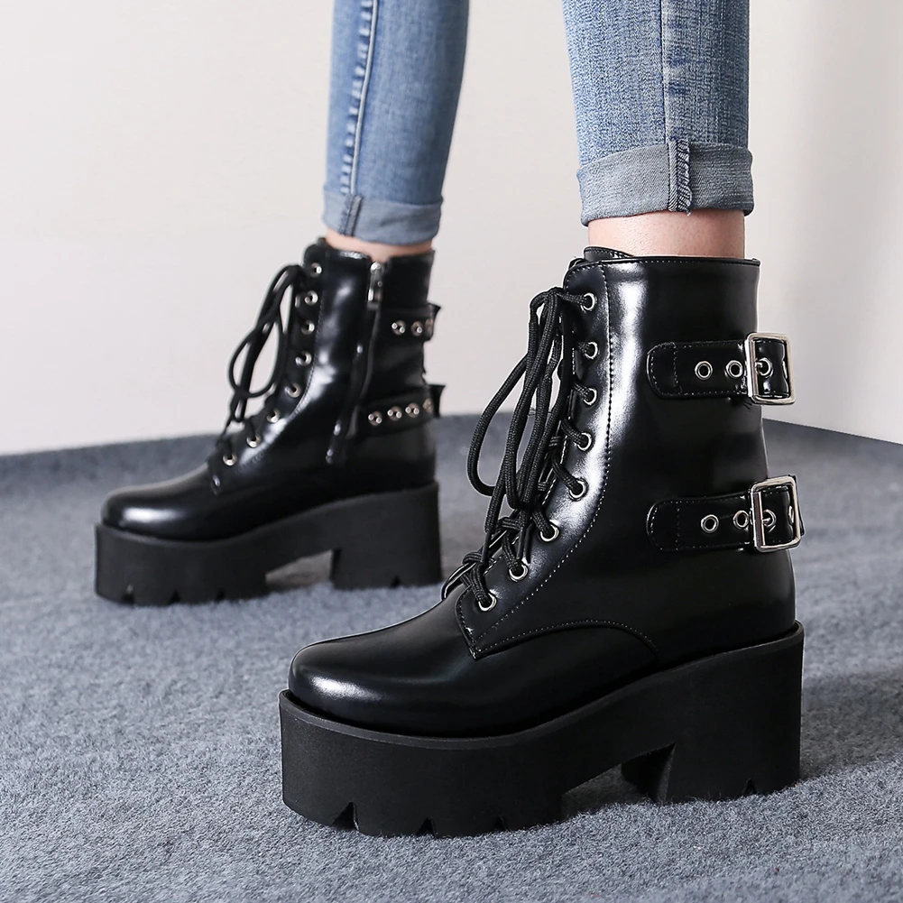 

DoraTasia Female Platform shoelace Buckle Brand Mid Calf Boots High Heels Platform Design Boots Women Fashion woman shoes
