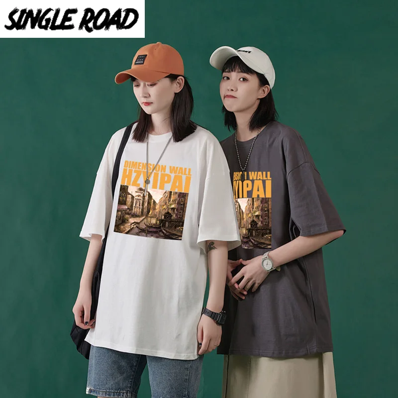 Футболка SingleRoad женская летняя негабаритная графическая унисекс хип хоп