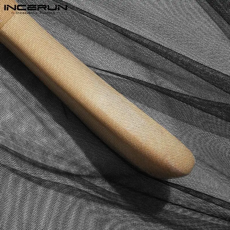 

Mens Fashion Mesh Long Shirts INCERUN Long Sleeve Lapel See Through Dress Shirt Man Solid Color Blouse Sexy Nightclub Blusas 5XL