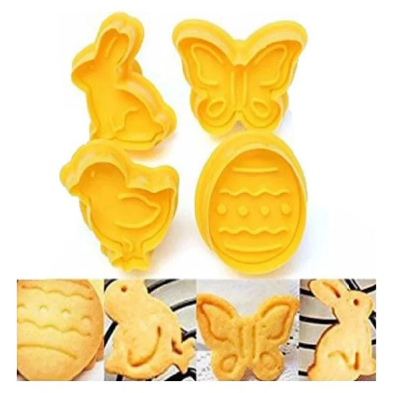 

4Pcs Plastic Easter Cookie Cutter Baking Mold Pastry 3D Die Fondant Cake Tools