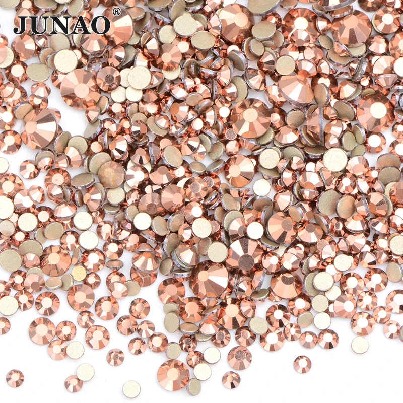 

JUNAO 1400Pcs Mix Size Rose Gold Nail Art Rhinestone Non Hot Fix Glitter Strass Round Flatback Crystals Gems for Decorations