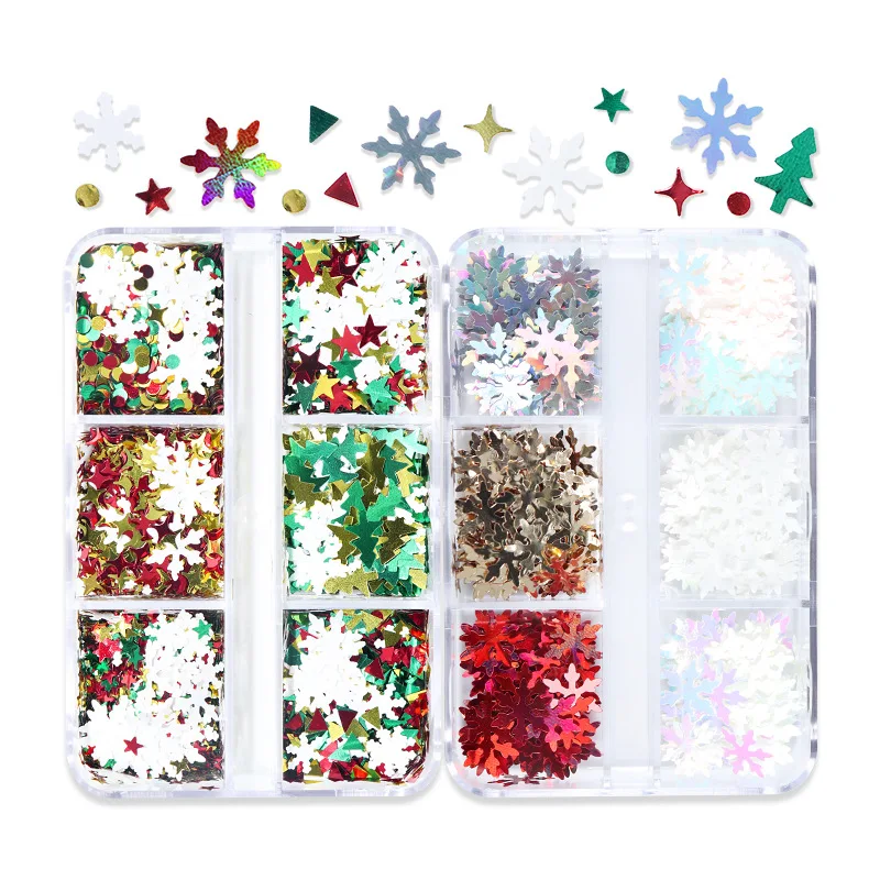 

2021 New Small 6 Grid Boxed Christmas Series Sequins Winter White Snowflake Nail Art Sequin Ornaments