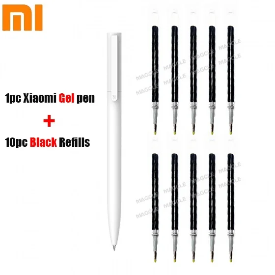 1pen and 10black ink Оригинальные гелевые ручки Xiaomi, 0,5 мм, без колпачка, цилиндрическая ручка, черная ручка, пресс-сердечник, PREMEC, гладкая швейцарская заправка, MiKuni+ черный/синий Refil - Цвет: 1pen and 10black ink