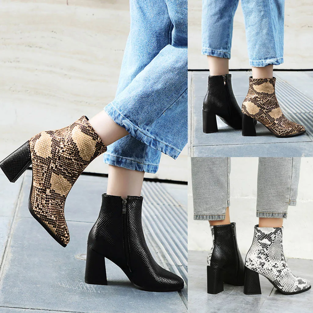 Змеиная кожа зимние ботинки Для женщин с маленьким острым носком обувь на тонком