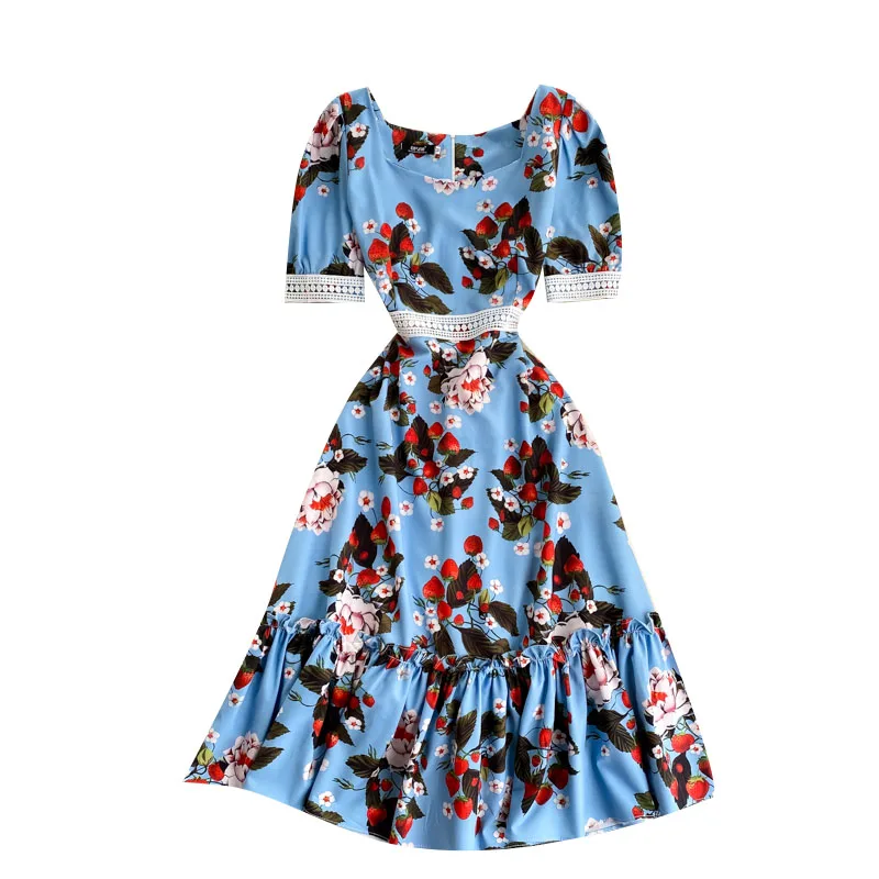 

2021 New Summer Dress Retro Print Vestidos Women's Square Collar Age-reducing Puff Sleeve Slim Ruffle Midi Dress DK243