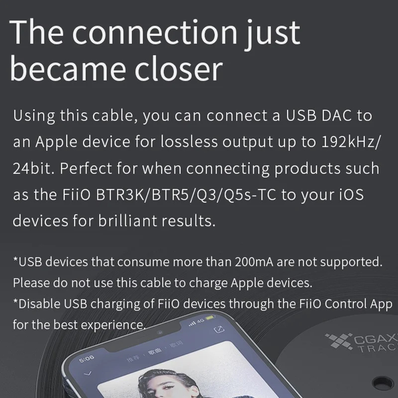 Кабель Fiio LT-LT1 с Type-C на Lightning OTG для подключения IOS BTR5 BTR3K Q3 Q5S-TC K9 Cable | Электроника