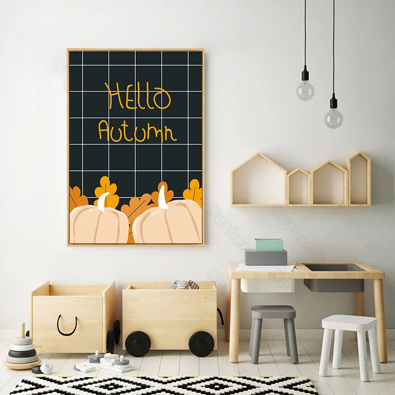 

Modern Style Canvas Painting Poster Cartoon Moon Little Stars Pumpkin Chicken Quota Hello Autumn for Home Rooms Wall Decoration