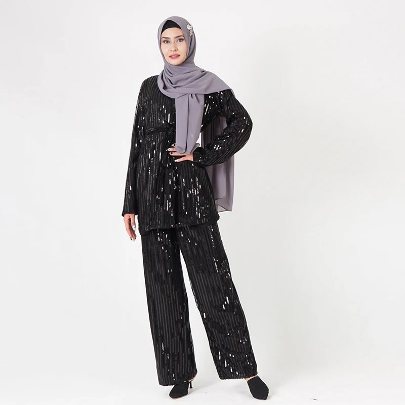 Блесток abaya Дубай мусульманский Топ ансамбль Femme 2 шт. Pantalon Оман Пакистан Исламская молитва одежда для женщин хиджаб платье комплект