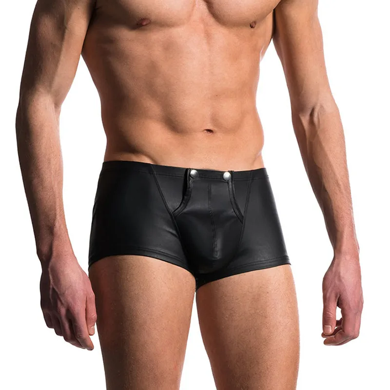 Мужские трусы боксеры из искусственной кожи с открытым шаговым швом и кнопками
