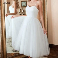 myyble 2021 cheap fashion tulle short wedding dress spaghetti straps corset tea length bridal gowns simple vestido de cas