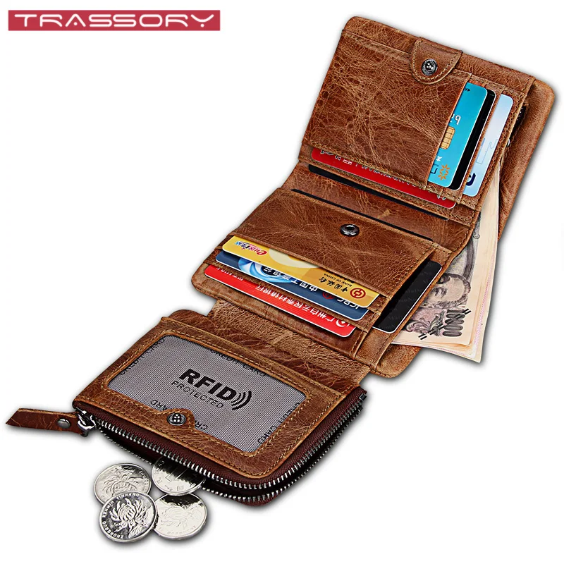 TRASSORY, анти вор, Rfid, тройной, для мужчин, на молнии, натуральная кожа, кошелек, деньги, маленький, флип, для монет, коричневый, кошелек, клатч, кошелек для карт