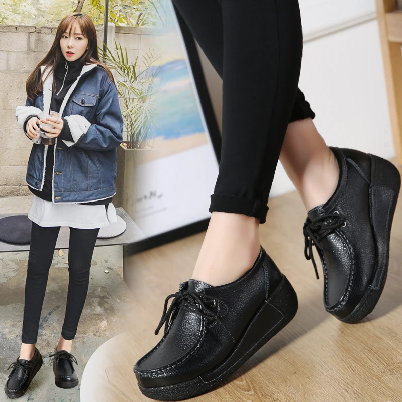 

2020 Autumn Women Platform Sneakers Shoes Ladies Genuine Leather Lace Up Flats Women Thick Heel Platform Flats Shoes