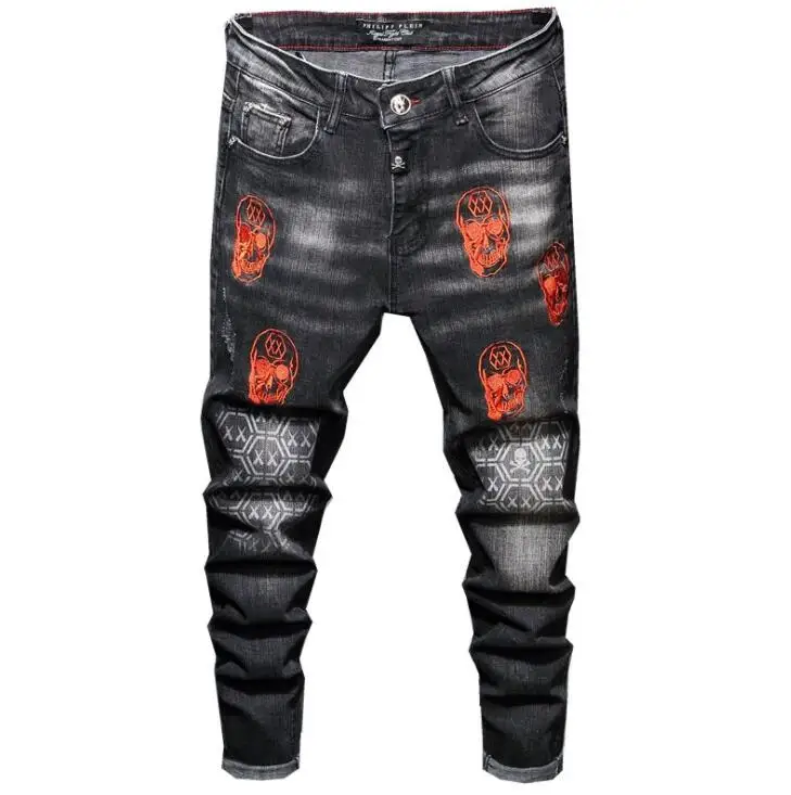 Autumn mens jeans black embroidered stretch men's trousers штаны мужские European and American style slim washed pants