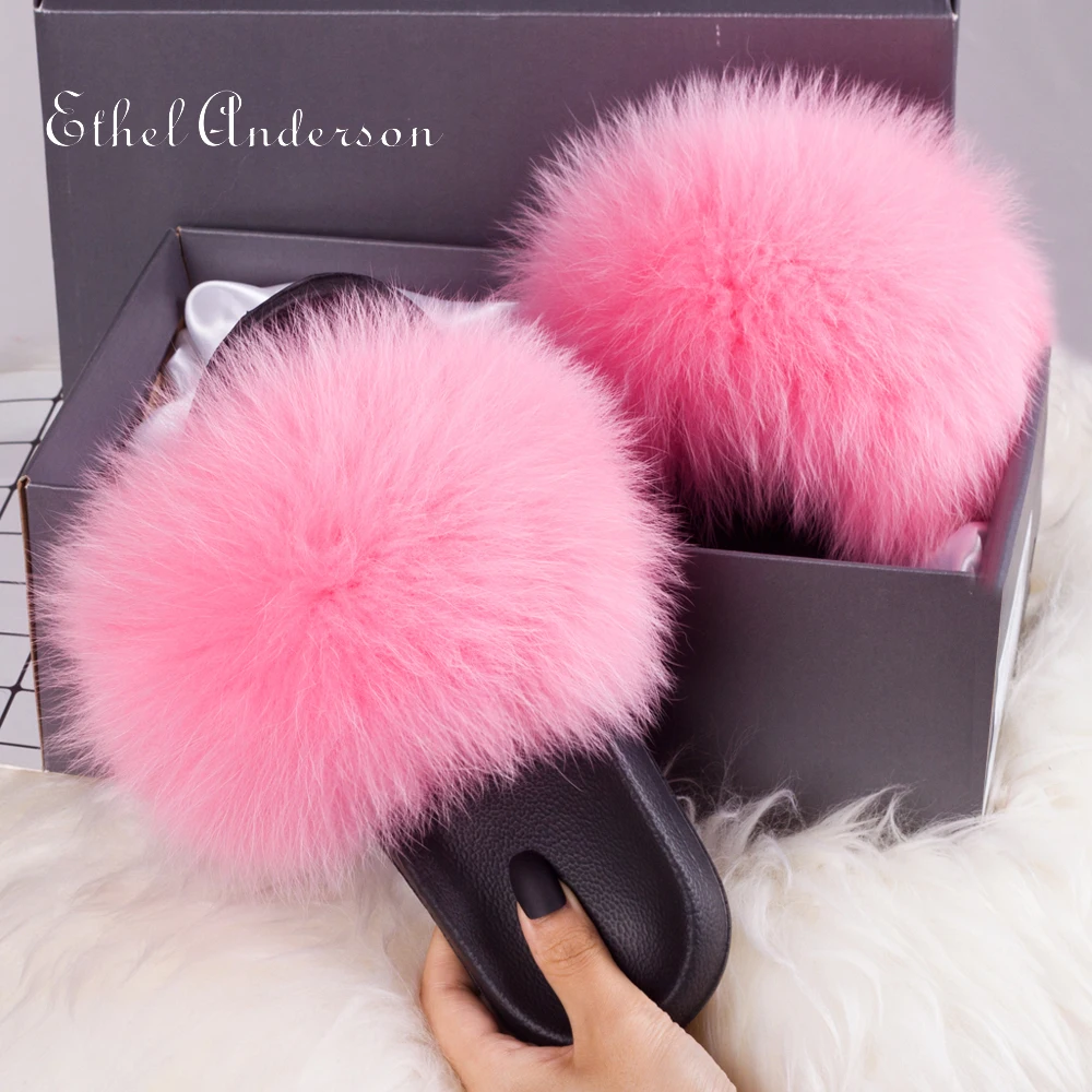 

New Fluffy Real Fox Raccoon Fur Star Slides Sweet Lady Fur Slippers Furry Sandal Flip Flops Home Fuzzy Female Casual Plush Shoes