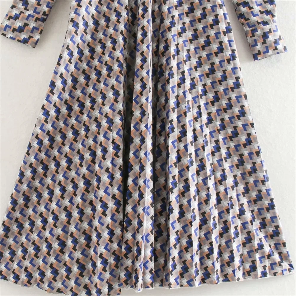 

Ma & go women's dress autumn and winter 2019 new pleated geometric print shirt style long sleeve with belt dress