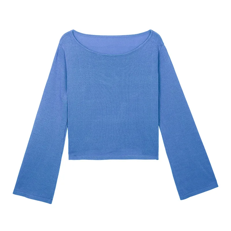 Slash Neck Crop Knitted Tops Women Bell Sleeve Autumn Sweater Pullover Boat Loose Fall | Женская одежда