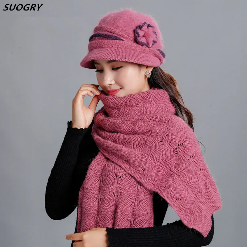 Женский комплект из шапки и шарфа кроличьего меха теплая шерстяная вязаная