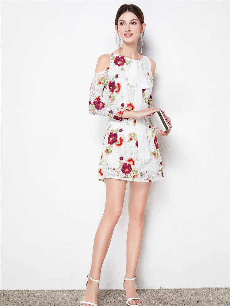 

Casual Positioning embroidery printing elastic lace women's dress Off shoulder long sleeve tight dress Sweet fashion 2021 new