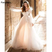 fairykissy exquisite lace beading wedding dresses with feathers a line tulle bridal gowns long sleeve beach party gowns 2022