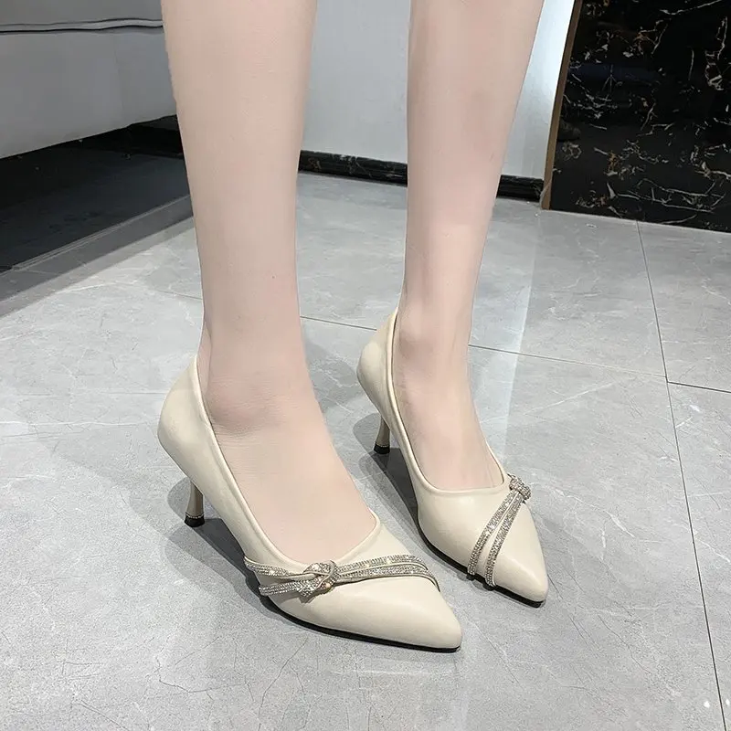 

Retro Women Shoes High Heels Stiletto Shallow Mouth Work Dress Professional 2021 Lace-Up Sandals Ladies Branded Pumps Slip On Po