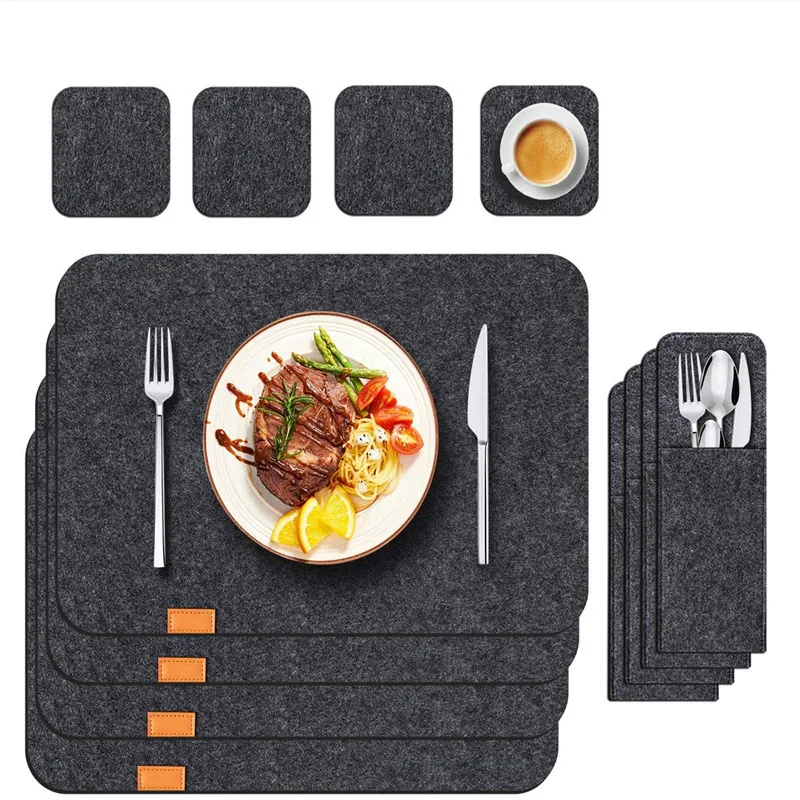 

3/12/18pcs Kitchen Washable Felt Dinning Placemats for Table Mat Heat Insulated Glass Coasters Cutlery Storage Bags Home Decor