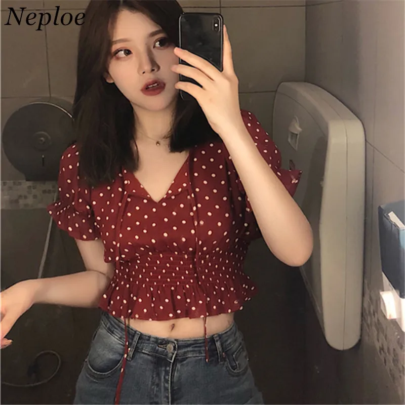 Женский винтажный короткий топ Neploe красный укороченный с короткими рукавами