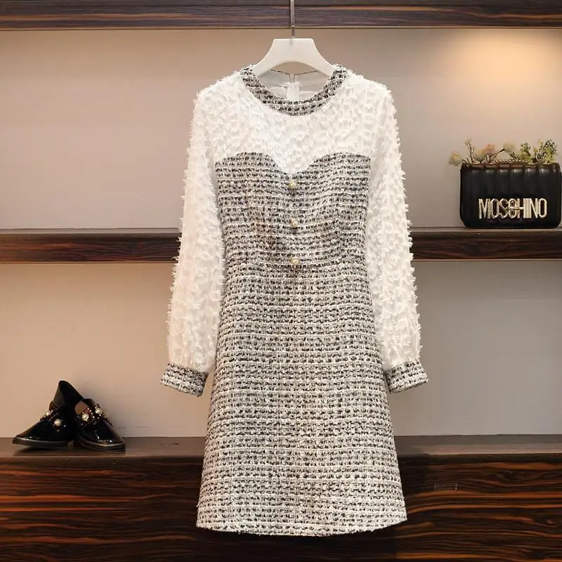 2019 осенне зимнее женское платье с длинным рукавом и круглым вырезом твидовое в