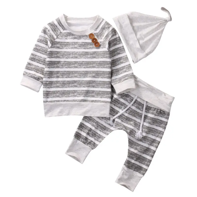 

Gray cotton Newborn Baby Girls Clothes Striped Tshirt Tops Pants Leggings hat Outfit 3PCS Baby Clothing Set for infant kid boy