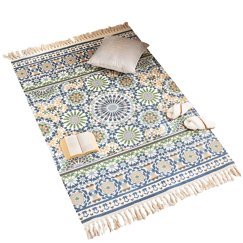 

Retro style cotton and linen tassel floor mats bedroom bedside mats multifunctional living room sofa machine washable