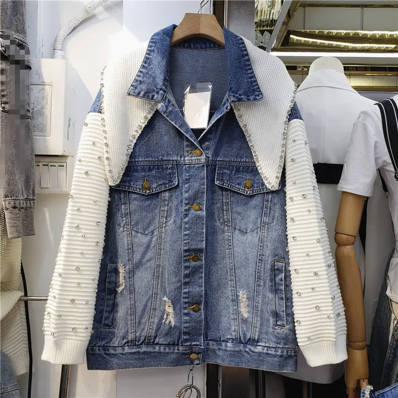 

Женская джинсовая куртка в стиле пэчворк, повседневная однобортная свободная винтажная куртка из денима с вырезами, осень 2021