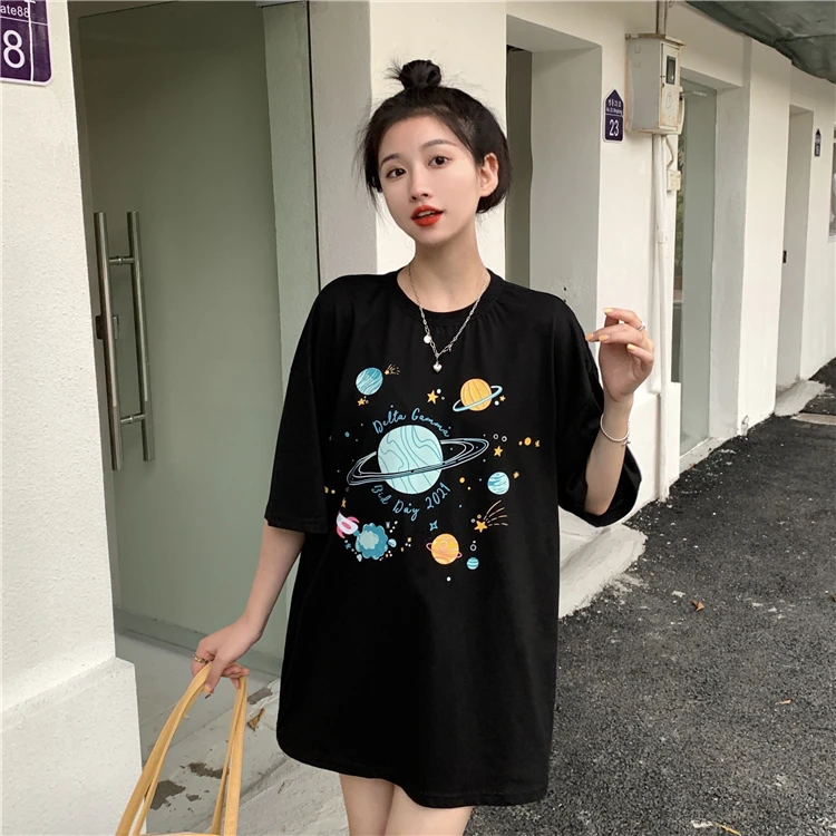 

Summer new loose planet print short-sleeved T-shirt women