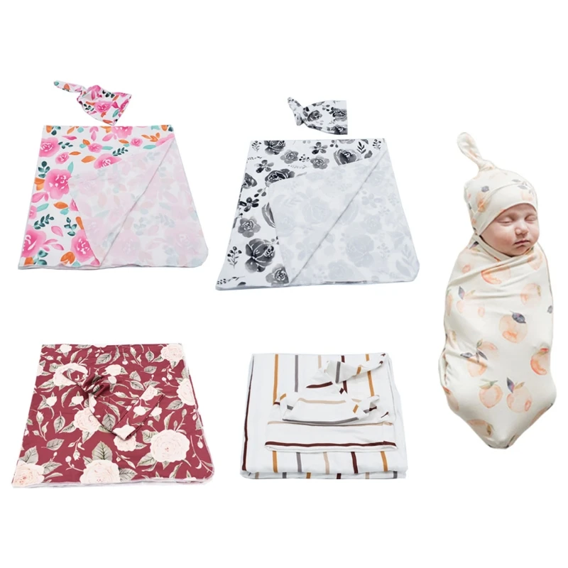

W3JF Newborn Swaddle Wrap Hat Set Baby Pure Cotton Floral Printing Receiving Blanket Beanie for Infants Boys Girls Shower