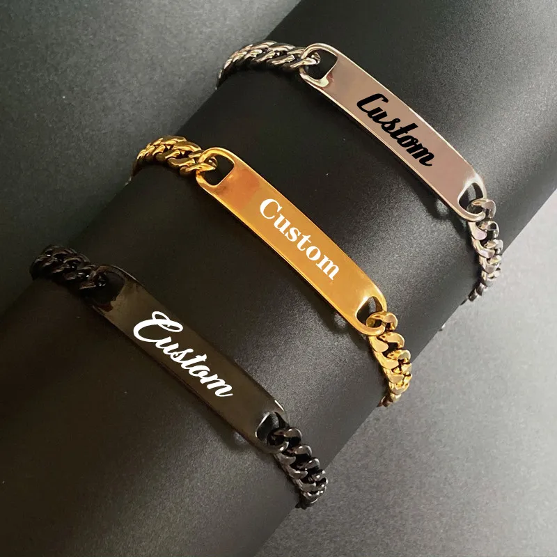 

Customized Name Hand Link Chain Bracelets Engraved Date ID Silver Gold Color Stainless Steel Personalized Bangles For Women Men