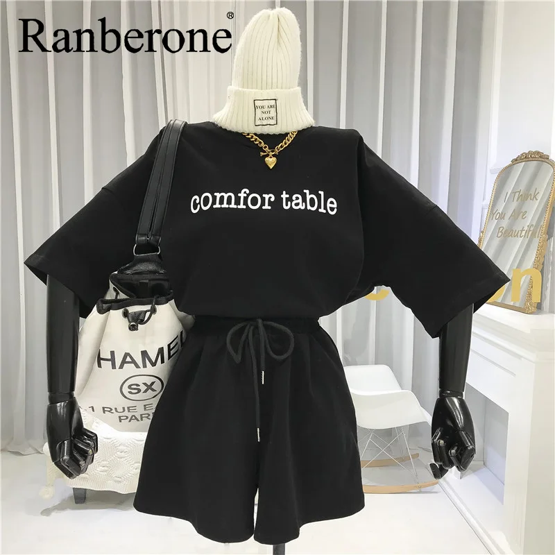 

Ranberone Casual Solid Gym Clothing Letter Crop Top Shorts Casual Women's Tracksuit 2 Piece Outfits Fashion Streetwear Summer
