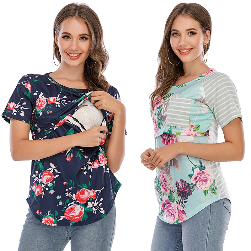 Women Mom Blouse Pregnant Nusring Maternity Short Sleeve Stripe Print Floral Blouse Tops Maternity Casual Soft Blouse Shirt