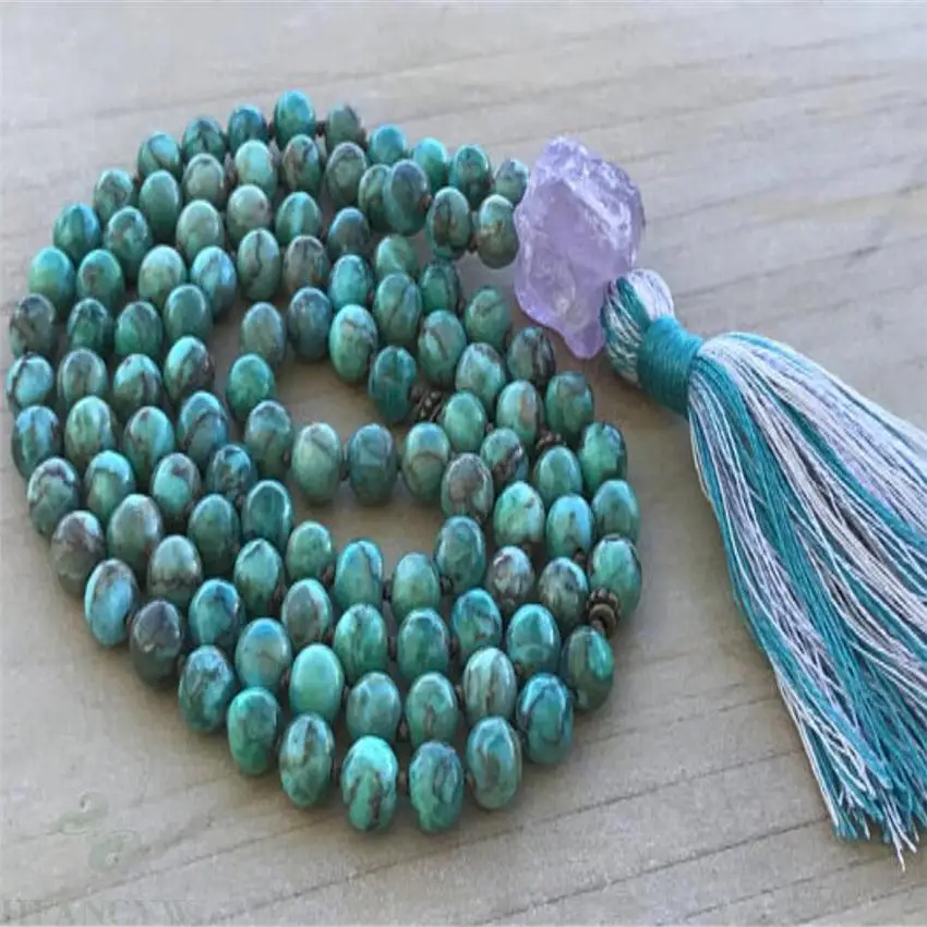 

8mm Turquoise Gemstone Tassel Mala necklace 108 Beads Lucky Veins yoga Unisex cuff Gemstone Wristband Healing energy chain