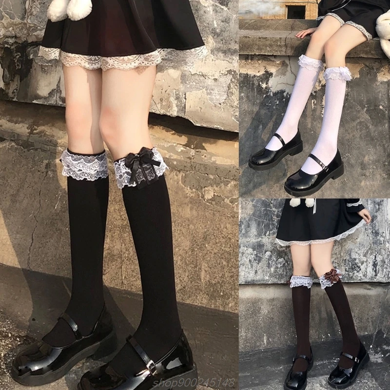 

Women Girls Sweet Lolita Black White Knee High Socks Bowknot Ruffled Frilly Lace Trim Student Stockings