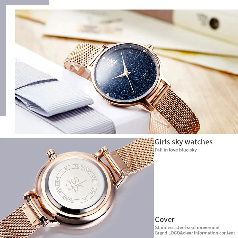 Часы наручные SK женские брендовые Роскошные с сетчатым браслетом розовое золото