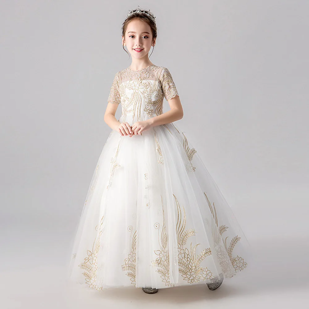 Платье с коротким рукавом для девочки кружевной аппликацией | Свадьбы и