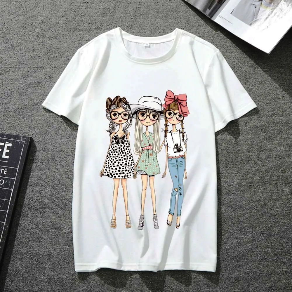 

Fashion T-shirt Men and Women All-match Simple and Cute Girl Pattern Printing Series Short-sleeved White Harajuku Breathable Top