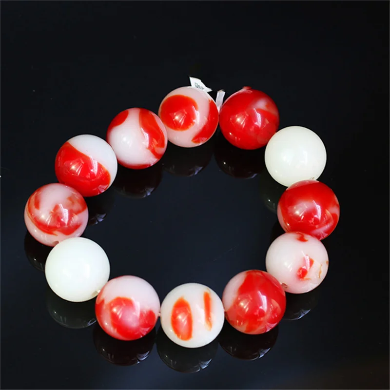 

Hot Selling Natural Hand-carve Xinjiang Hotan Chicken Blood Jade Round Beads 18mm Bracelet Fashion Jewelry Men Women Luck Gifts