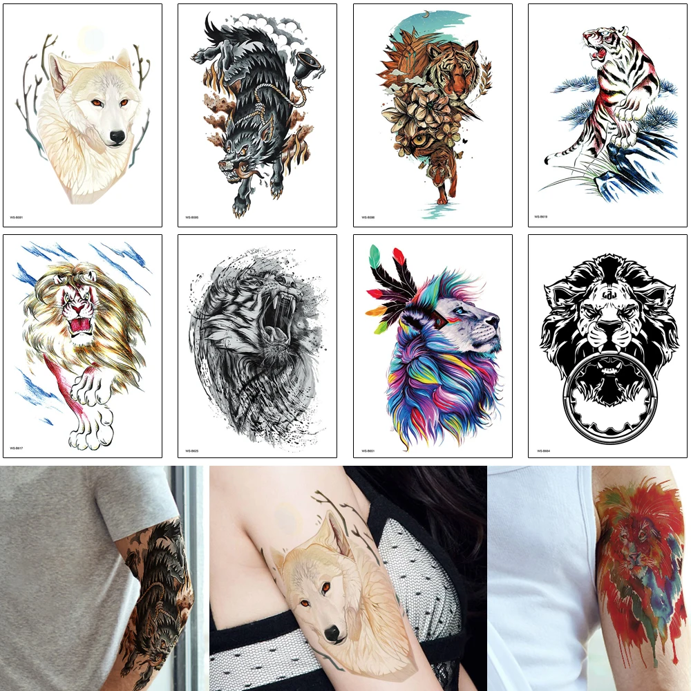 Animal Tattoo Body Art Sticker Ferocity Lion Wolf Tiger Design Fashion Waterproof Temporary for Woman Man Sleeve Arms Leg | Красота и