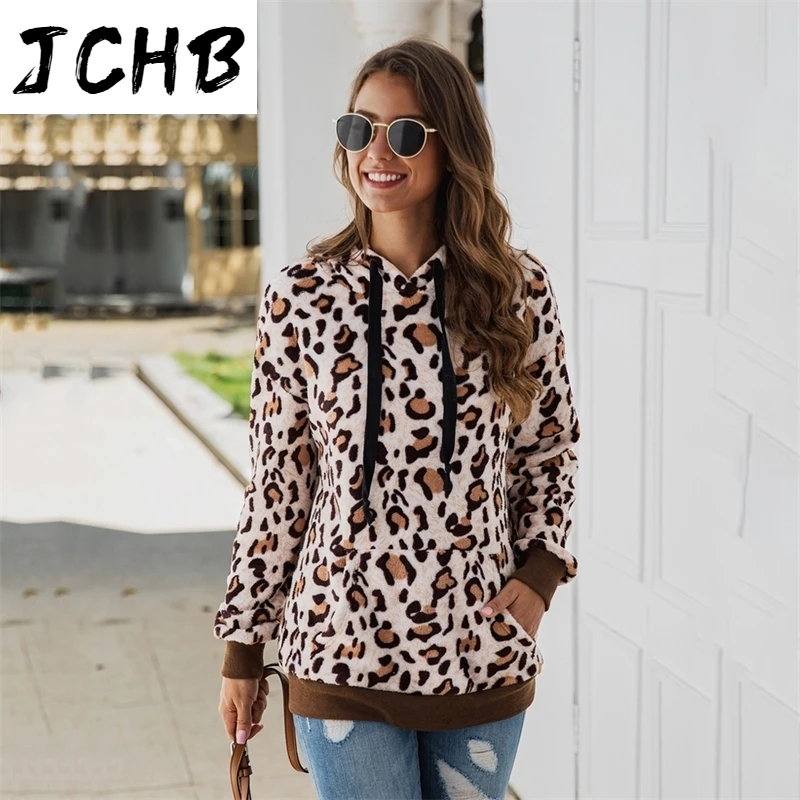 

Faux Leopard Fur Hoodies Women Pockets Warm Autumn Winter Sweatshirt Casual Hooded Plush Pullovers Pull Rope Slim Tops Female