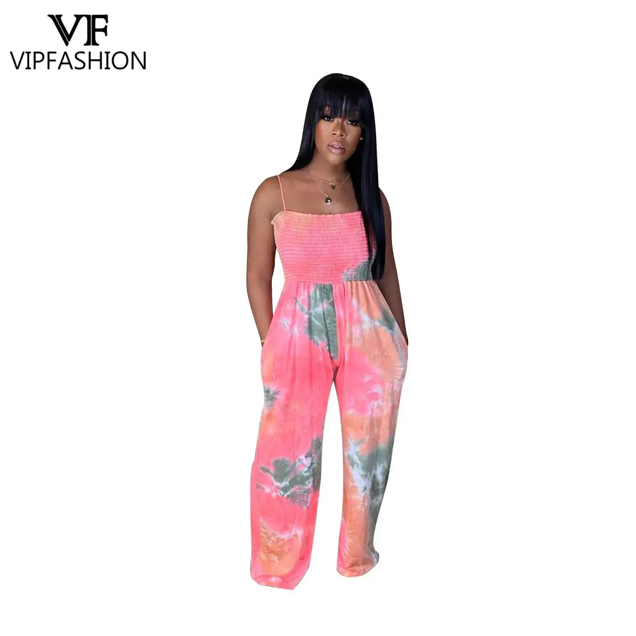 

VIP FASHION New Tie-Dye Suspender Jumpsuits Summer Sexy Backless Wide Leg Women's Trousers Fashion Gradient Printing Jumpsuits